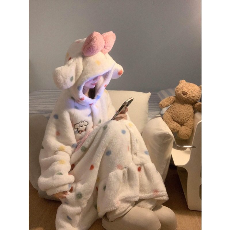 可爱卡通蝴蝶结连帽珊瑚绒睡衣女秋冬新款大码加厚保暖家居服套装,女士内衣/男士内衣/家居服,睡袍/浴袍,淘宝优惠券,粉丝福利购,淘宝优惠卷