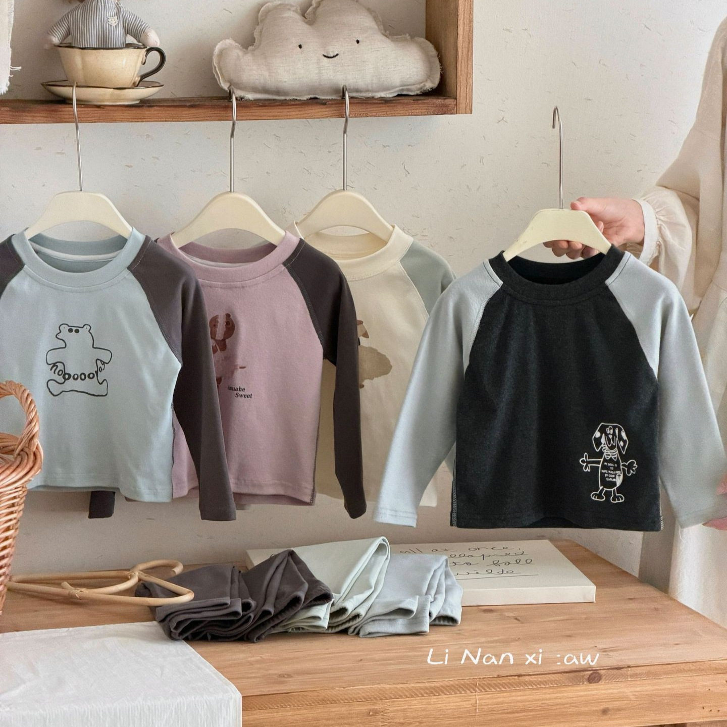 里南希 儿童插肩袖家居服a类秋新款抓绒保暖卡通秋衣套装莱卡棉暖