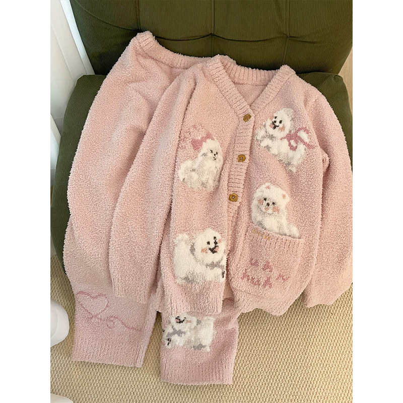 驯服的猫软糯卡通小狗印花开衫v领睡衣女针织半边绒家居服套装潮
