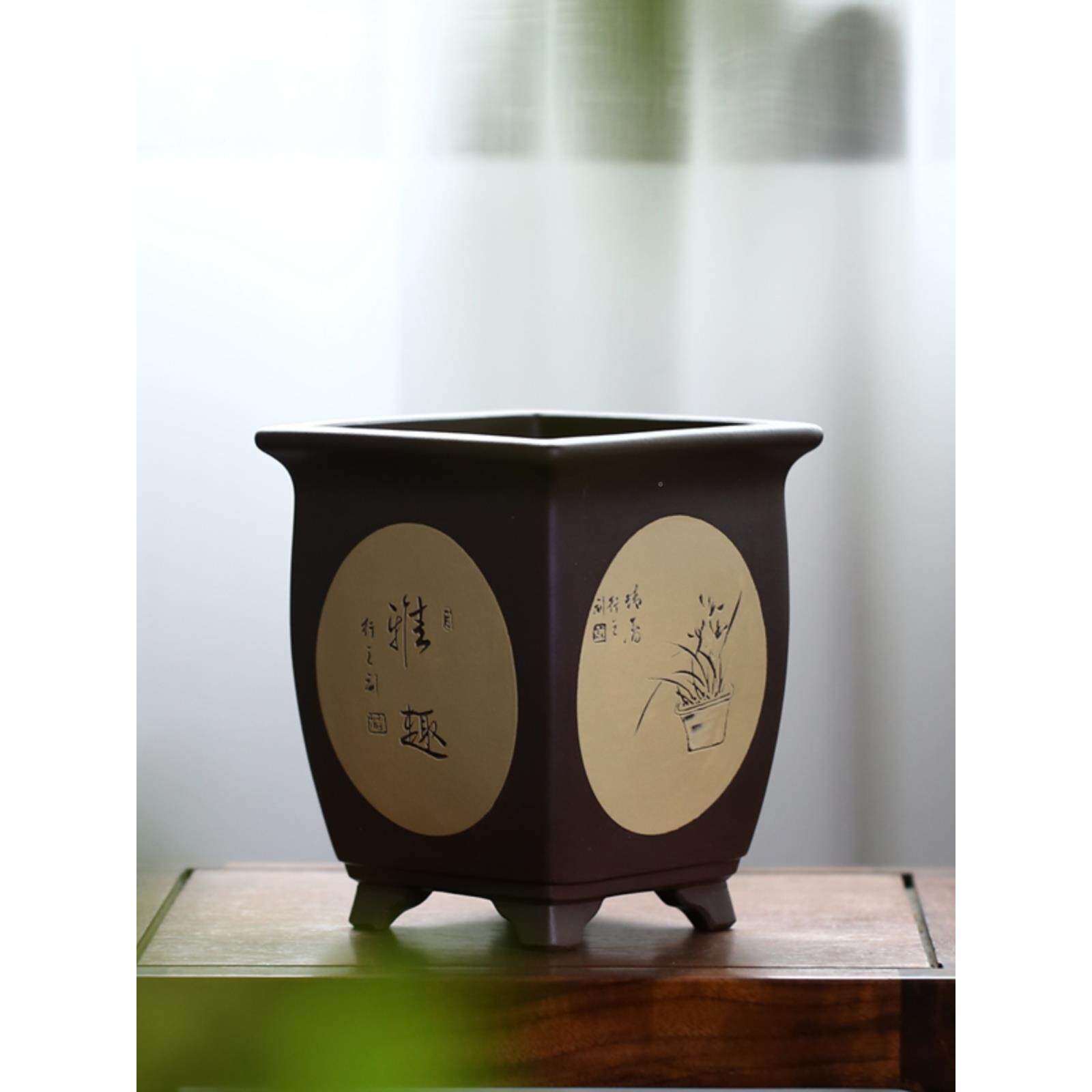 紫砂兰花盆名家蒯正多辉款四方浆段泥精品方形vki盆景盆粉