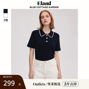 上衣气质夏 Eland奥莱 衣恋T恤女polo领撞色针织弹性修身 短袖