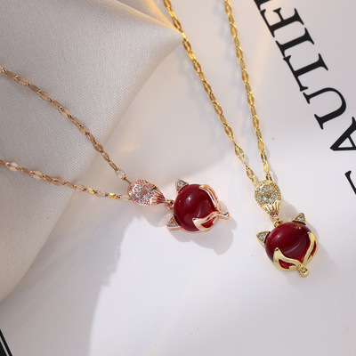 红色狐狸18K玫瑰金项链配饰女夏季钛钢不掉色时尚锁骨链饰品