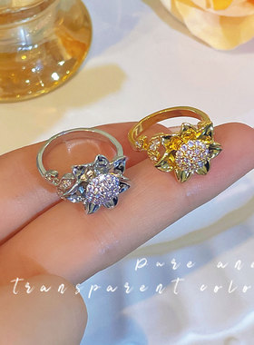 戒指女旋转花朵锆石开口戒指甜美小众设计食指网红可调节戒指手饰