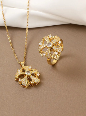 项链女网红旋转锆石花朵小众跨境新款设计感吊坠气质套装钛钢项链