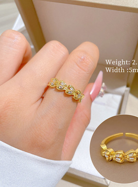 【真金】爱心双排满钻戒指开口可调节款简约手饰日系指环情侣对戒