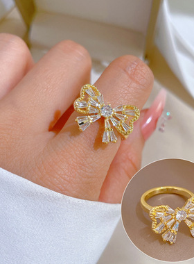 【真金】轻奢蝴蝶锆石戒指开口可调节款简约手饰日系指环情侣对戒