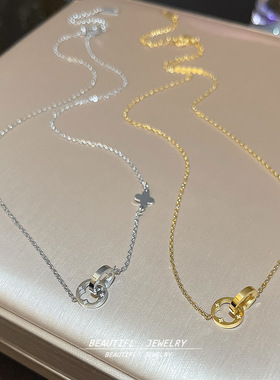 韩版镂空双环吊坠时尚百搭双扣幸运草颈链18K真金电镀钛钢项链女