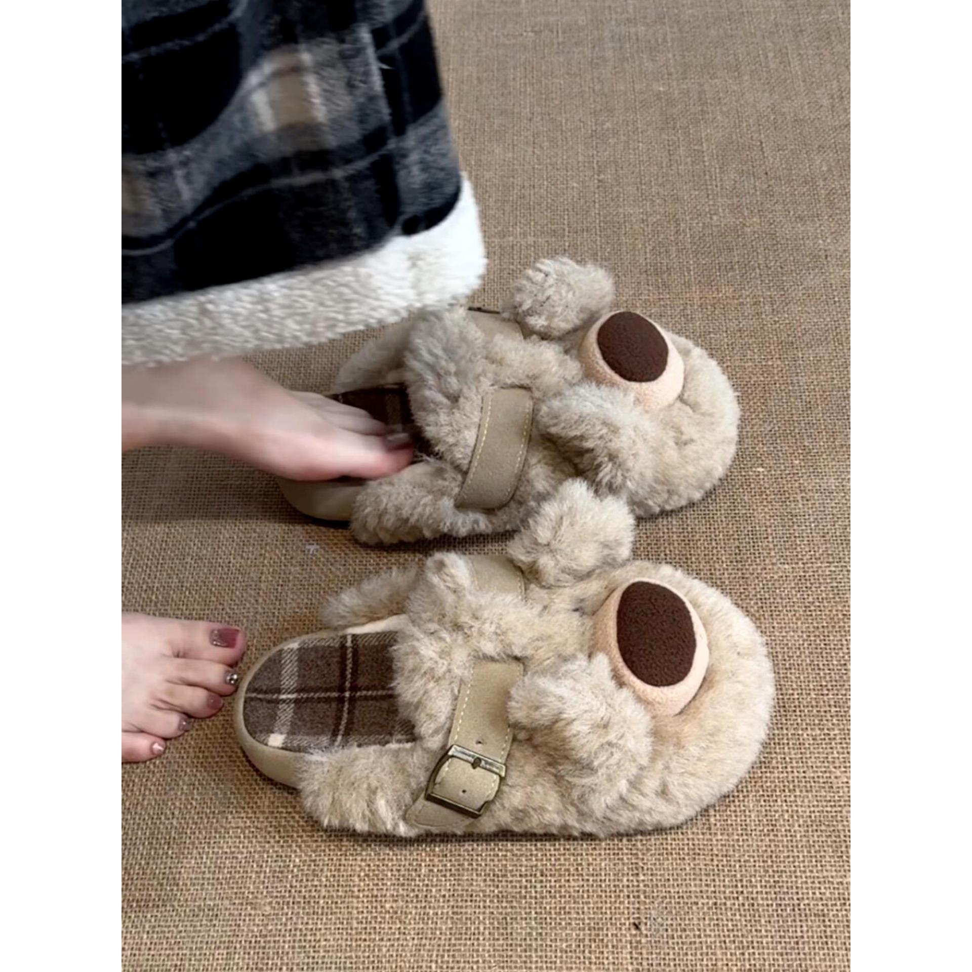 小熊毛毛拖鞋女外穿2025新款厚底保暖超火棉拖鞋冬季可爱毛绒棉鞋