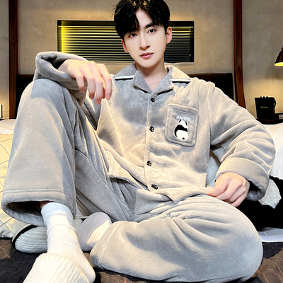 全棉纯棉睡衣男秋冬季加厚珊瑚绒套装可外穿家居服保暖长袖春秋大
