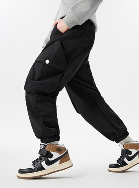 男童工装裤加绒一体绒秋冬季男孩儿童裤子帅气童装黑色2025年新款