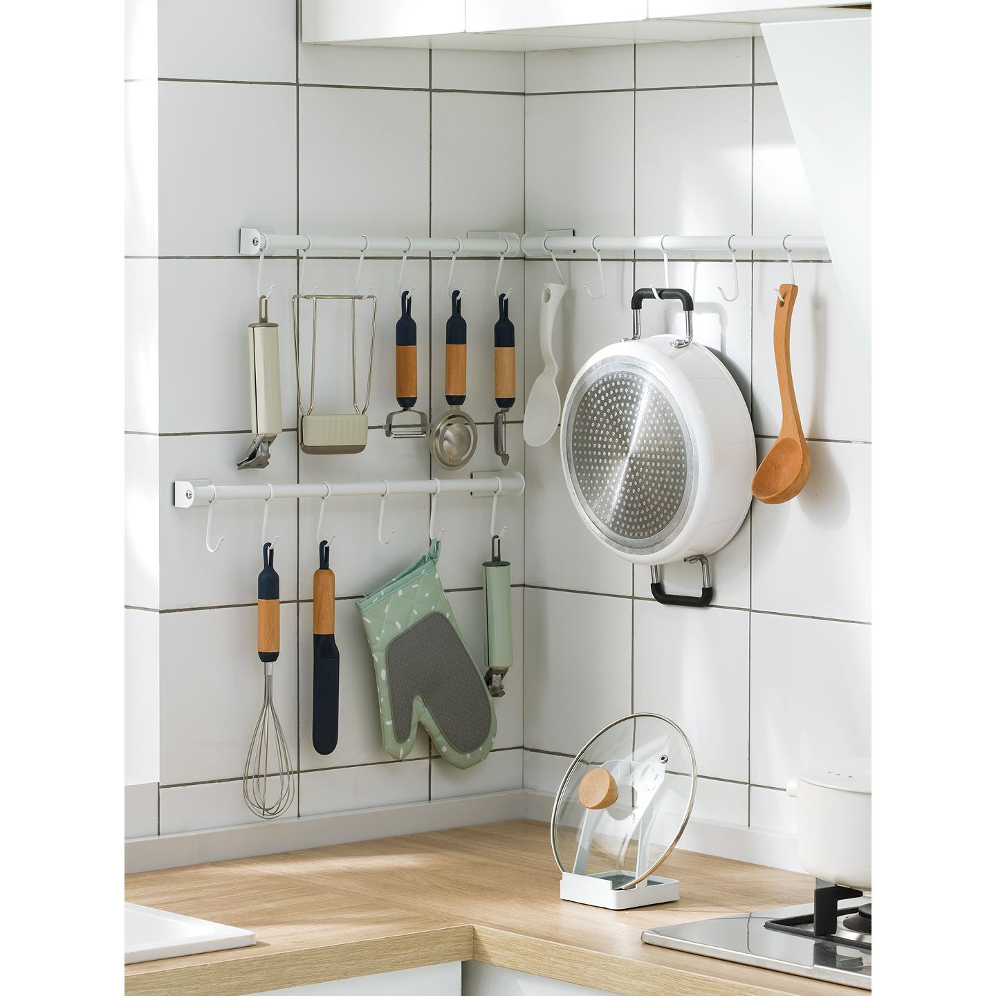 不锈钢厨房挂钩免打孔挂架挂杆置物架壁挂锅铲勺收纳墙上活动排钩