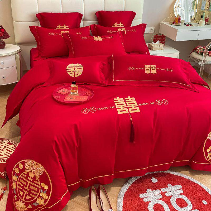 新中式龙凤婚庆四件套纯棉全棉被套红色送礼陪嫁结婚床单床上新款