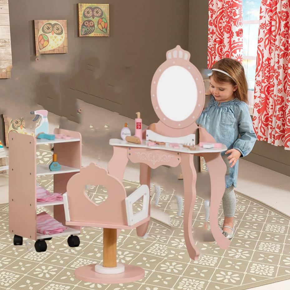 北欧风儿童仿真梳妆台化妆台理发店女孩过家家木制小公主玩具套装
