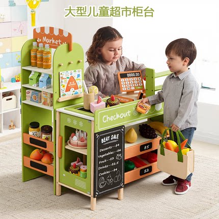 出口欧美超市过家家木质大型儿童超市收银台玩具仿真便利店