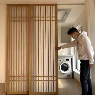 实木推拉门 新中式 镂空屏风入户玄关隔断墙定制 原木格栅移门 日式