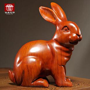 木头小兔子摆件实木质雕十二生肖木制大耳朵兔子吉祥物装饰工艺品
