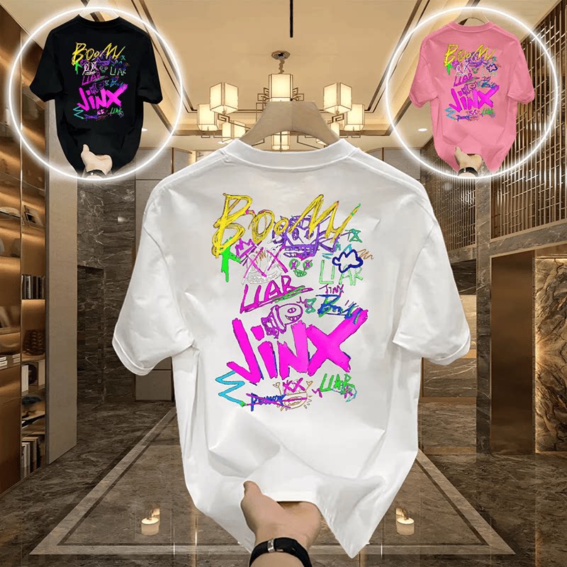 英雄联盟衣服夏季新款潮牌短袖男装英雄联盟主题金克斯爆爆印花宽松纯棉上衣潮