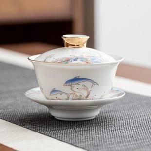 陶瓷珐琅彩绘盖碗大号三才茶碗茶托泡茶杯壶承白瓷功夫茶具 恬静