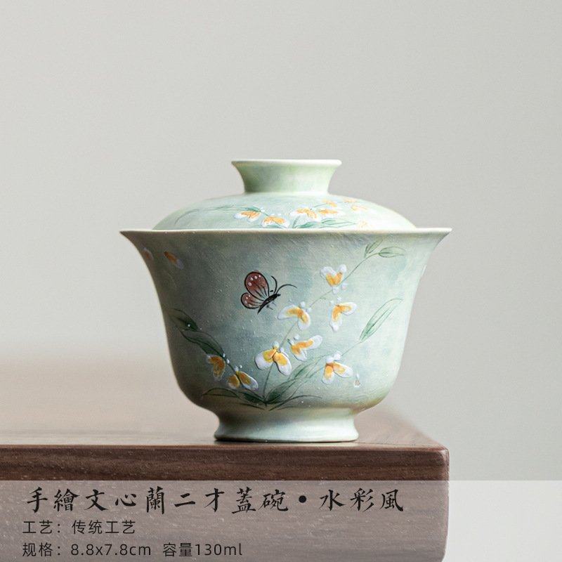 手绘文心兰陶瓷茶碗下午茶泡器茶器女士精致二才盖碗中式田园风,餐饮具,盖碗,淘宝优惠券,粉丝福利购,淘宝优惠卷