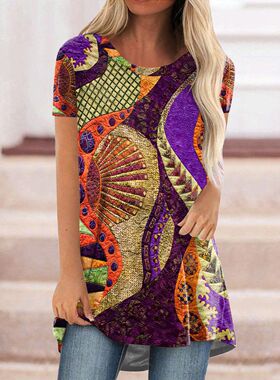 2024跨境新款女装EBAY热销爆款圆领休闲民族风复古印花短袖T恤