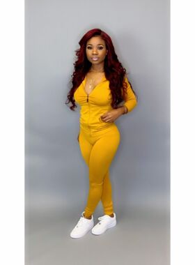 YZ1113欧美跨境女装亚马逊秋款带帽子口袋拉链时尚休闲运动两件套