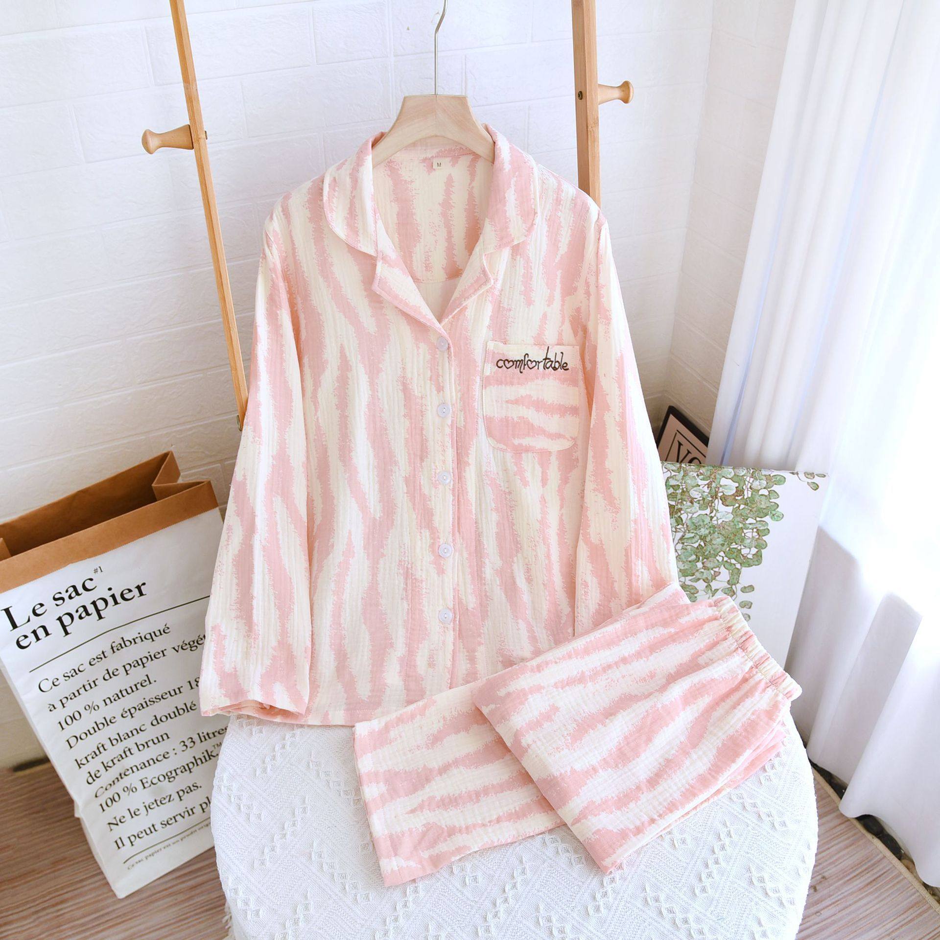 情侣条纹翻领睡衣春夏棉水洗双层纱布长袖棉绉布开衫休闲大码套装,孕妇装/孕产妇用品/营养,家居服套装,淘宝优惠券,粉丝福利购,淘宝优惠卷