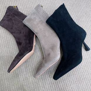 巴黎台版 潮流后拉链松紧羊磨砂皮羊皮内细跟高跟短靴女靴子