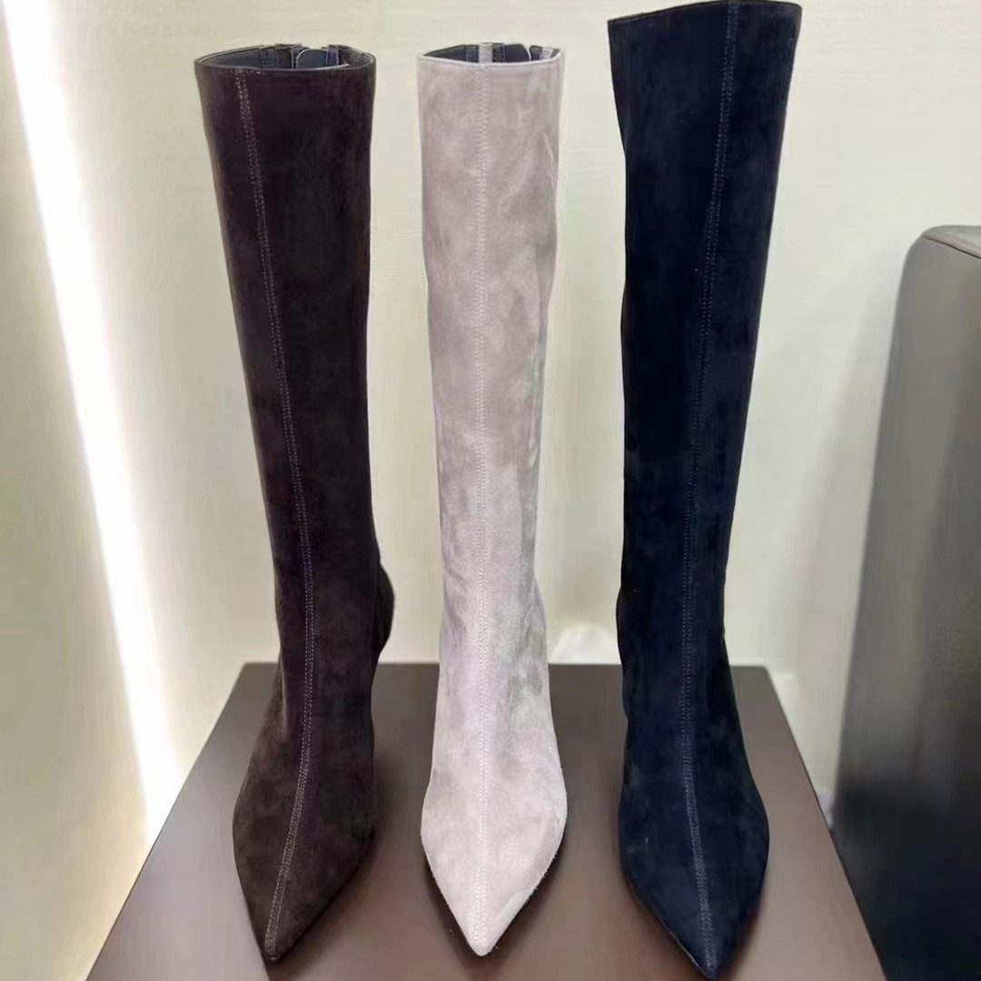 巴黎 爆款台版松紧筒防滑鞋底细跟羊磨砂皮高筒靴靴长靴女靴