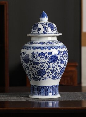 景德镇青花瓷将军罐中式陶瓷花瓶摆件别墅客厅花瓶陶瓷摆件陶瓷瓶