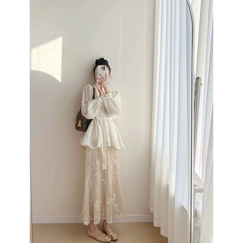 法式气质收腰显瘦褶皱感衬衫+设计感高腰重工亮片半身裙两件套,孕妇装/孕产妇用品/营养,套装,淘宝优惠券,粉丝福利购,淘宝优惠卷