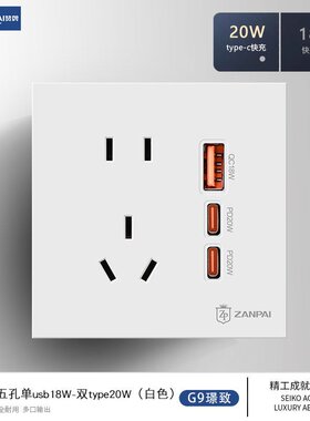 赞牌暗装86型白色五孔usb充电插座二三插type-c20w手机快充插座