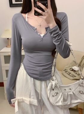 A085#人棉女韩漫身材内搭吊带领纯欲超显身材辣妹微透上衣两件套