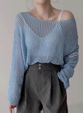 韩国夏季简约圆领套头宽松上衣薄款镂空透视防晒针织衫罩衫女