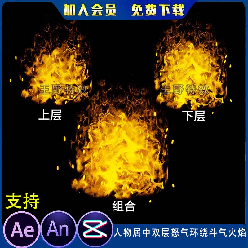 人物可居中双层怒气环绕斗气火焰沙雕动画烈火熊熊燃烧AN特效素材