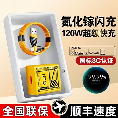 3C认证金色机甲风120W氮化镓充电器超级快充头充电头安诗登适用华为mate60pro安卓TypeC手机充电线充电套装