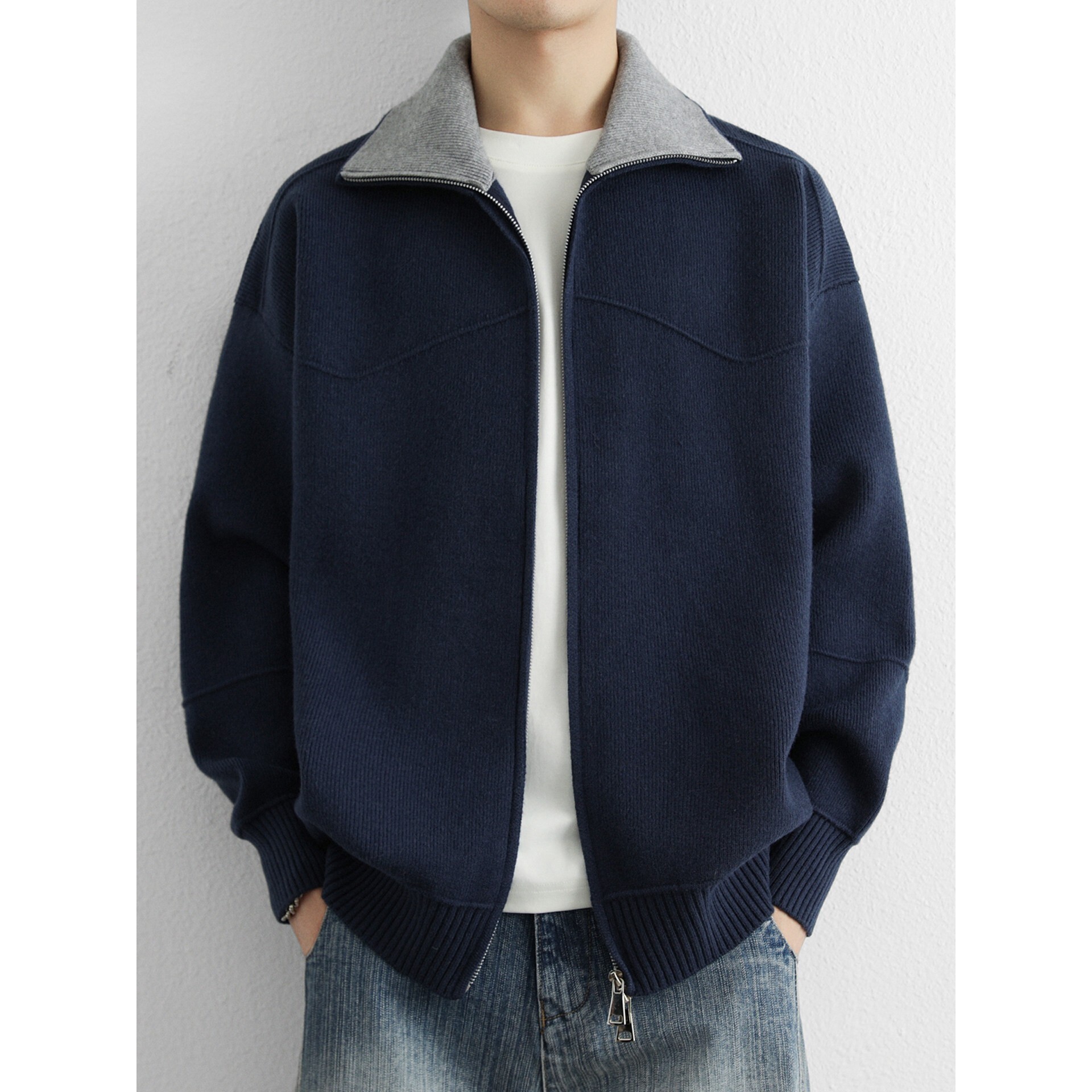 老钱风复古拉链毛衣开衫男春季高级感宽松撞色休闲翻领针织衫外套