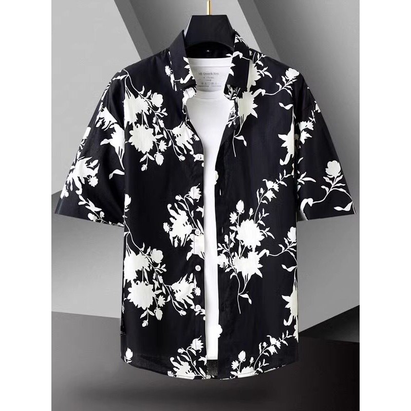 纯棉短袖花衬衫男士夏季新款潮流青年衬衣半袖痞帅寸衫上衣高级感