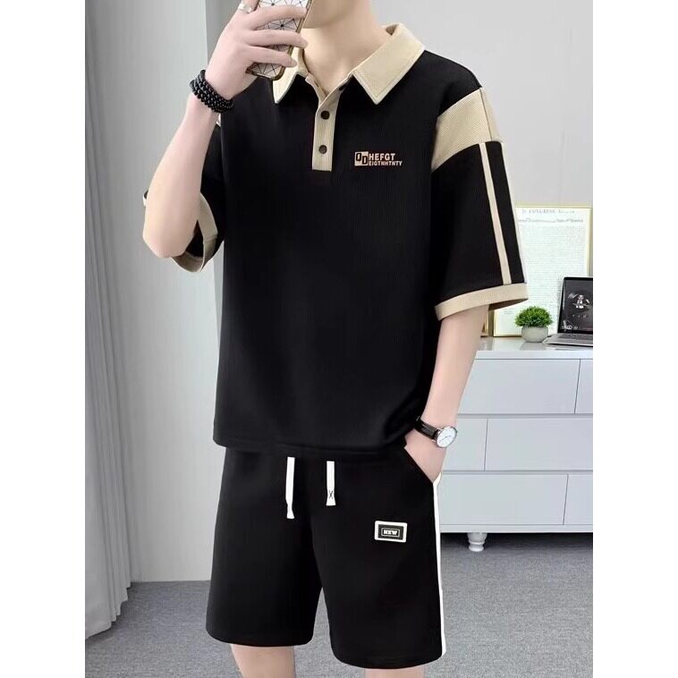 男士polo衫套装短袖短裤一套搭夏季青少年翻领t恤宽松潮流两件套