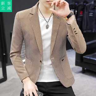 休闲修身小格子西服男士春秋帅气韩版潮流青年社会小伙西装外套潮