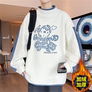 秋冬季青少年半高领卫衣男孩初中高中学生加绒加厚大童摇粒绒上衣