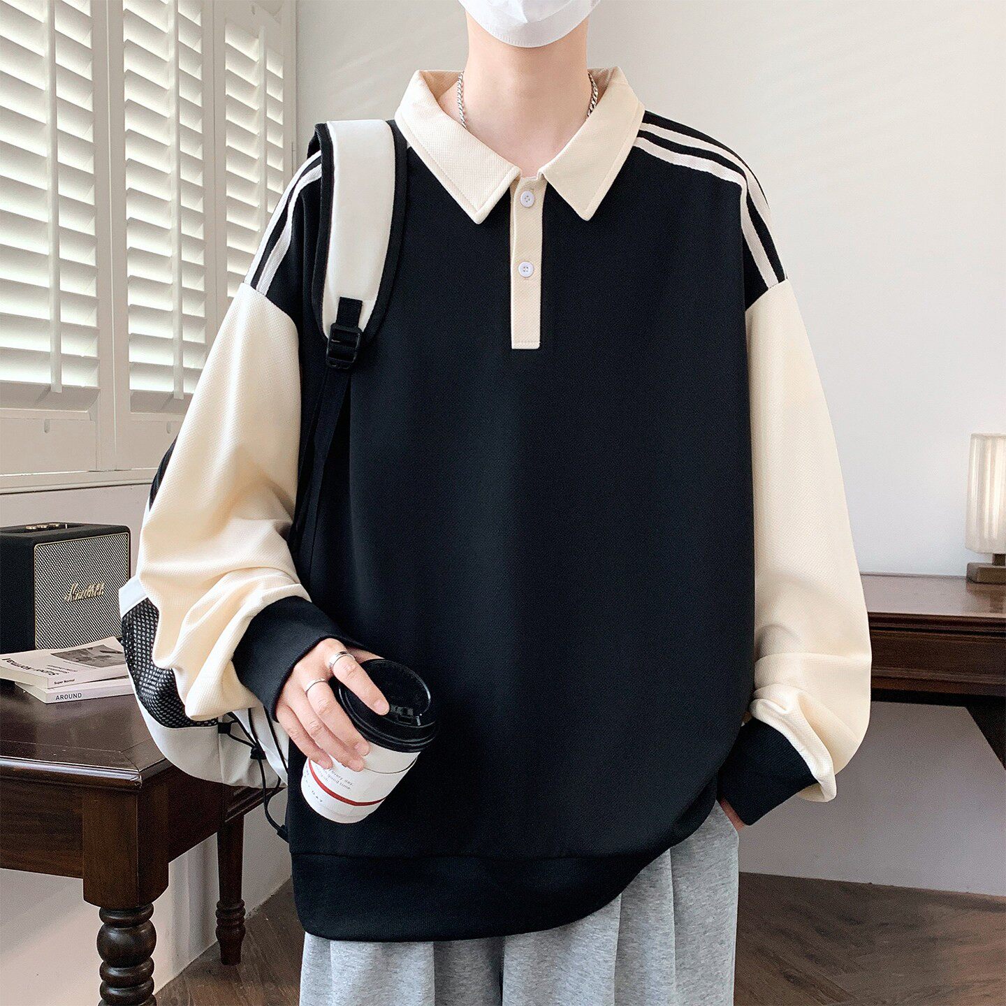 春秋季翻领卫衣男孩初高中学生长袖t恤青少年大童男装polo衫上衣