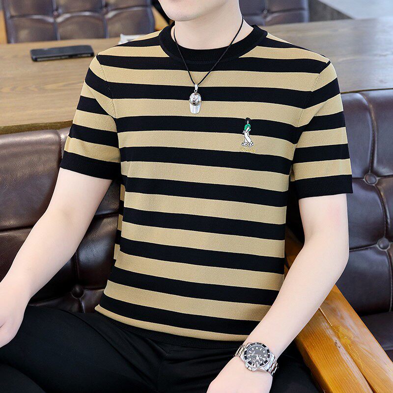高端修身痞帅休闲冰丝短袖t恤男夏季潮流半袖潮牌条纹针织衫上衣