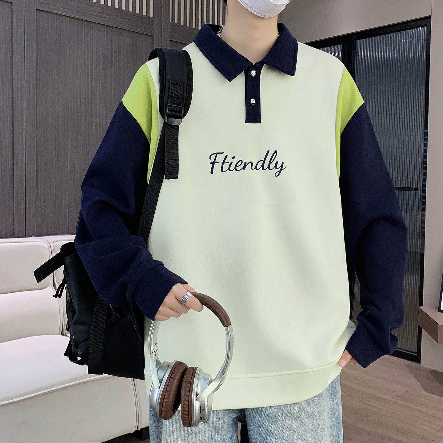 秋冬季新款卫衣男孩初高中学生长袖POLO衫青少年大童翻领加绒上衣