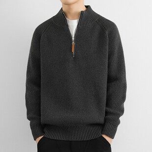 纯棉半拉链毛衣男士秋冬季宽松潮牌高级感加厚保暖高领打底针织衫