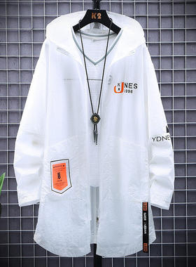 夏季防晒衣男士薄款外套中长款风衣轻薄透气连帽大衣宽松纯色褂子