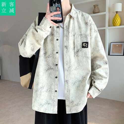 美式潮牌刺绣水洗牛仔外套男士新款上衣春秋季痞帅衬衫式翻领夹克