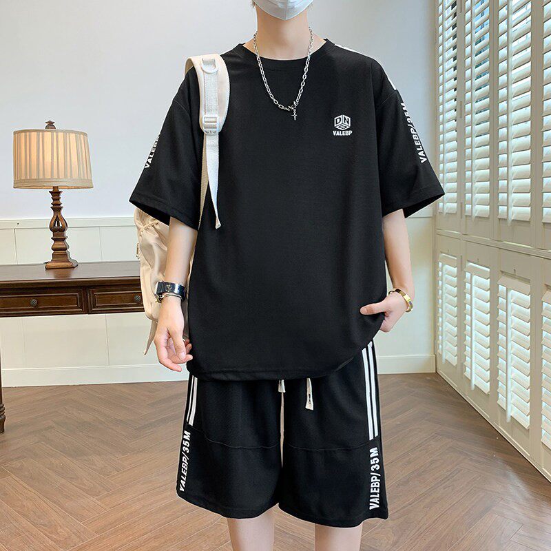 夏季冰丝学生潮流青少年短袖t恤男高中初中帅气大童潮牌运动套装