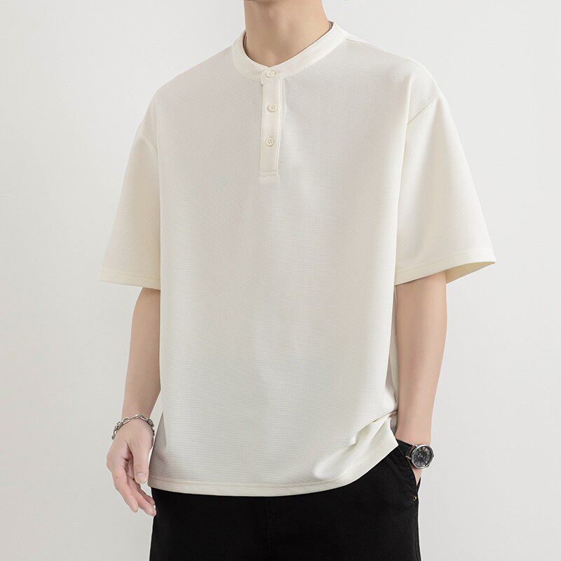 2026新款男生短袖t恤亨利领宽松高级感抗皱纯色纽扣百搭半袖T恤潮