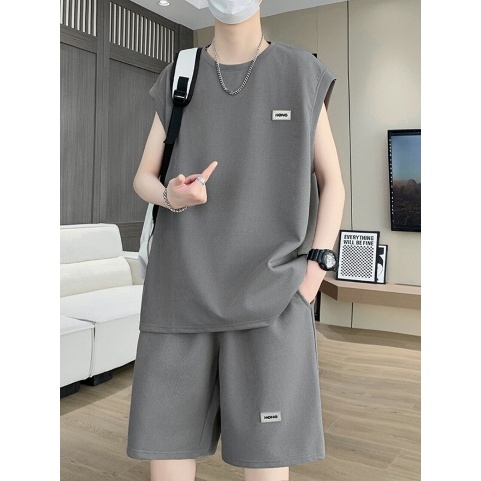 休闲背心套装男士冰丝无袖t恤夏季华夫格跑步青少年运动短裤潮流