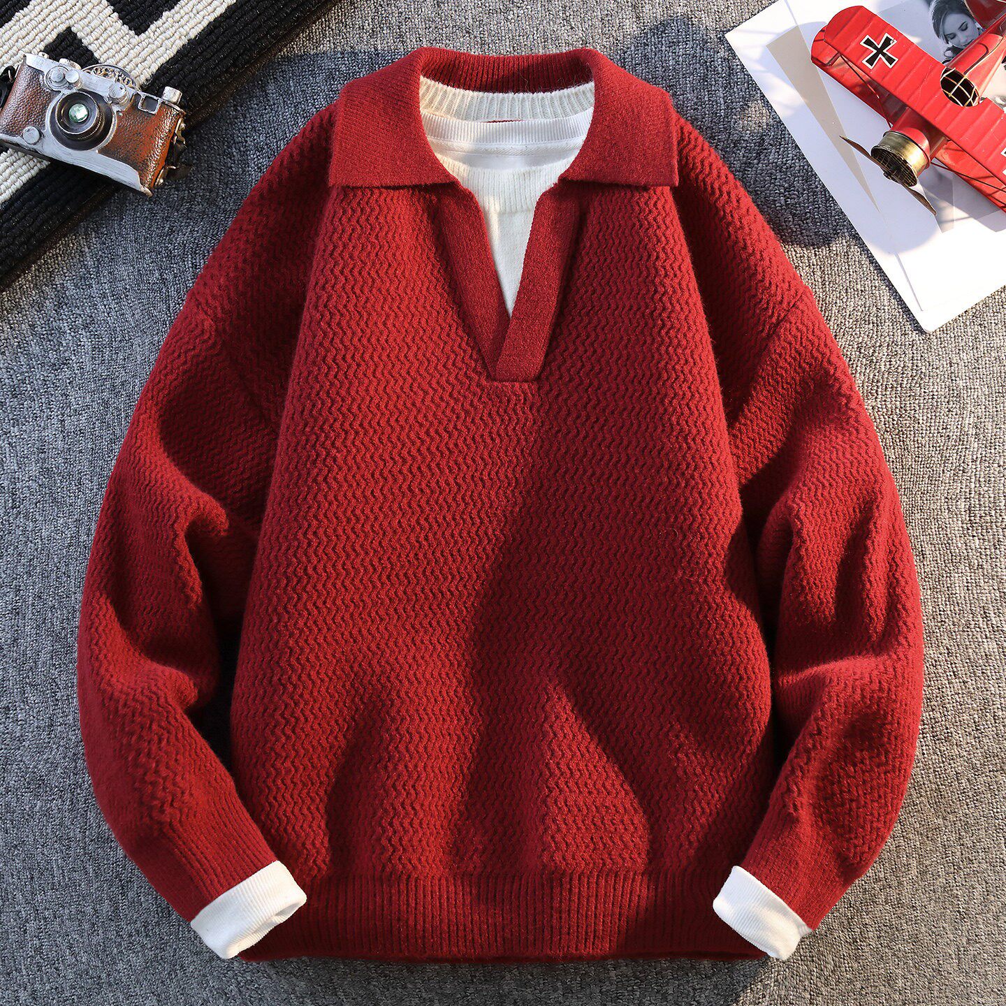 本命年红色美式假两件毛衣男重磅海鸥领POLO衫高级感翻领针织外套